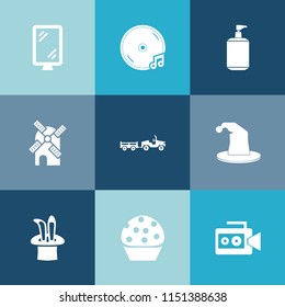 Modern, simple vector icon set on colorful blue backgrounds with billboard, wind, hygiene, video, bath, microphone, mill, road, dessert, banner, energy, truck, cake, clean, delivery, sound, sign icons