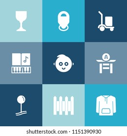 Modern, simple vector icon set on colorful blue backgrounds with beverage, japanese, drop, container, alcohol, note, japan, child, melody, freight, clothing, jacket, bar, cargo, truck, kid, clef icons