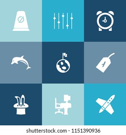 Modern, simple vector icon set on colorful blue backgrounds with time, water, planet, magic, spaceship, alarm, concept, background, equality, globe, sign, ocean, wildlife, graphic, technology icons