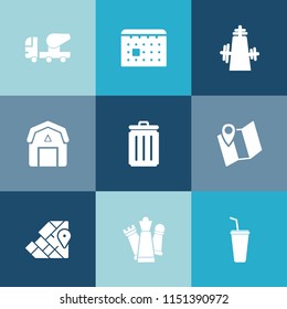 Modern, simple vector icon set on colorful blue backgrounds with cold, business, travel, world, concrete, can, timetable, kitchen, mixer, chess, garbage, pin, road, location, wood, industry, bin icons