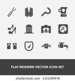 Modern, simple vector icon set with faucet, fashion, sound, high, city, sickle, house, suit, harvesting, flip, kitchen, dinner, sink, fork, female, grater, fireplace, beach, fire, cheese, check icons