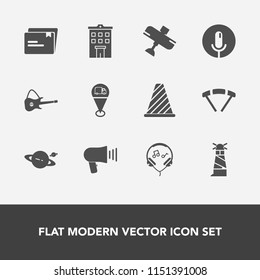 Modern, simple vector icon set with planet, street, aircraft, space, plane, audio, parachute, business, location, flight, communication, saturn, airplane, document, sound, sky, file, record, map icons