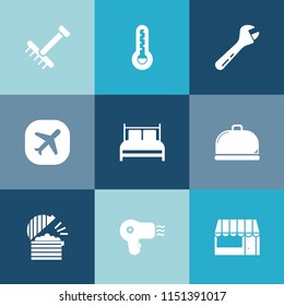 Modern, Simple Vector Icon Set On Colorful Blue Backgrounds With Aircraft, Work, Rake, Market, Plane, Equipment, Wrench, Mattress, Air, Screwdriver, Coffee, Restaurant, Dryer, Fahrenheit, Chef Icons