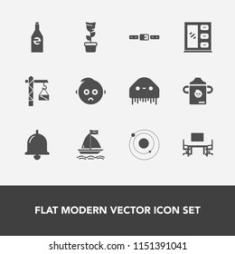 Modern, simple vector icon set with office, hammer, ufo, bell, galaxy, white, furniture, bottle, child, monster, green, call, belt, business, plant, cabinet, beverage, planet, space, milk, alien icons