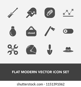 Modern, simple vector icon set with screwdriver, rider, sheriff, off, banner, turn, repair, food, light, cowboy, paperclip, motorbike, energy, cream, industrial, axe, graph, bulb, shop, hat, ice icons