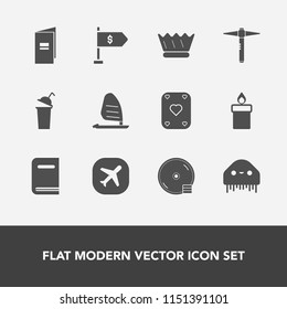 Modern, simple vector icon set with ocean, play, brochure, paper, surf, queen, location, finance, fire, crown, sea, space, game, flame, disc, ufo, poker, business, king, candle, fiction, drink icons