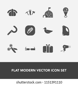 Modern, simple vector icon set with repair, hammer, harvesting, harvest, hairdryer, animal, celebration, gift, paperclip, japan, restaurant, nature, box, present, igloo, technology, can, paper icons