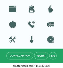 Modern, simple vector icon set on white background with music, organic, internet, browser, shovel, transport, call, equipment, hammer, web, button, fresh, computer, fruit, tool, wrench, hot, bag icons