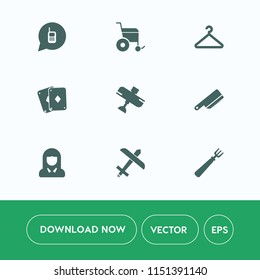 Modern, simple vector icon set on white background with kitchen, cutlery, support, technology, casino, plane, airplane, aircraft, telephone, call, young, accessibility, wheelchair, fork, sign icons