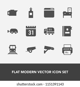 Modern, simple vector icon set with web, print, weapon, cannon, phone, transport, truck, liquid, technology, sign, printer, cargo, calendar, equipment, timetable, telephone, safety, glass, time icons