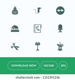 Modern, simple vector icon set on white background with chair, dumbbell, red, fly, cut, equipment, insect, dentistry, nature, phone, bug, tool, music, clinic, gym, dragonfly, internet, drink icons