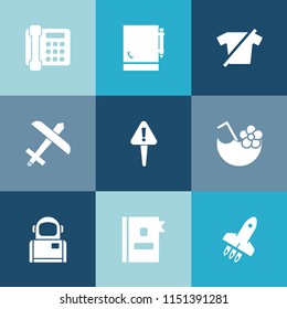 Modern, simple vector icon set on colorful blue backgrounds with paper, page, transport, drink, flight, aircraft, clothing, notepad, science, juice, sign, internet, cocktail, communication, mark icons