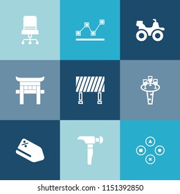 Modern, simple vector icon set on colorful blue backgrounds with tag, price, computer, glass, fun, road, chair, interior, technology, liquid, stats, japanese, graph, wine, room, construction icons