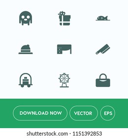 Modern, simple vector icon set on white background with fish, headwear, holiday, fiction, creature, desk, box, clothing, package, present, extraterrestrial, hat, humanoid, style, birthday, wheel icons