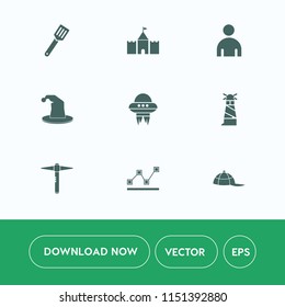 Modern, simple vector icon set on white background with business, tower, blue, spacecraft, people, sign, view, spaceship, headwear, pan, male, hat, clothing, white, technology, lighthouse, water icons
