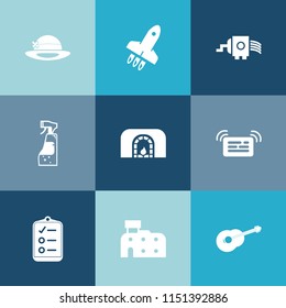 Modern, simple vector icon set on colorful blue backgrounds with message, notification, rocket, warm, winter, cleaning, housework, fireplace, food, home, cuisine, fire, grate, hat, city, white icons