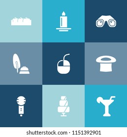 Modern, simple vector icon set on colorful blue backgrounds with fruit, drink, mouse, calligraphy, internet, healthy, light, device, fresh, microphone, ripe, tool, celebration, candle, karaoke icons