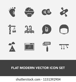 Modern, simple vector icon set with work, equipment, water, helmet, worker, pendulum, saw, child, sign, pool, roller, small, music, ringing, online, belt, activity, rice, call, cookie, grain icons