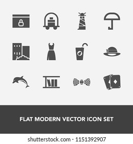 Modern, simple vector icon set with house, library, drink, fresh, hotel, website, animal, fashion, play, fruit, bow, dress, sea, nature, elegance, lock, internet, dolphin, juice, padlock, light icons