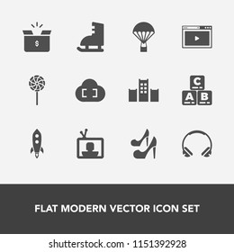 Modern, simple vector icon set with beauty, vacation, fashion, lollipop, bed, sound, screen, childhood, food, pack, child, kid, extreme, internet, sport, girl, box, cardboard, online, audio, tv icons