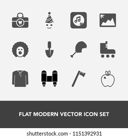 Modern, simple vector icon set with technology, skating, fun, space, wrench, clown, spaceship, meat, clothing, craft, shovel, tool, picture, organic, chicken, care, healthy, party, clean, skate icons