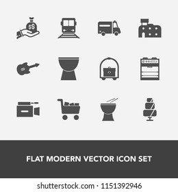 Modern, simple vector icon set with dessert, hotel, dollar, food, cash, wealth, business, currency, vacation, room, guitar, kitchen, string, transportation, hospital, drum, musical, sweet, train icons