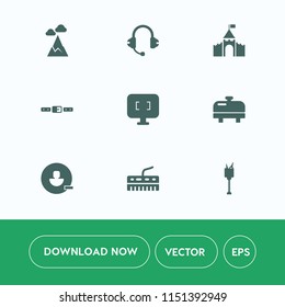 Modern, simple vector icon set on white background with building, alcohol, top, bucket, drink, mountain, car, remove, music, user, tower, equipment, medieval, belt, blue, sound, peak, technology icons