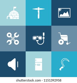 Modern, simple vector icon set on colorful blue backgrounds with industrial, summer, photo, refrigerator, gardening, nature, sickle, repair, winter, freezer, handicap, water, mask, tool, hammer icons