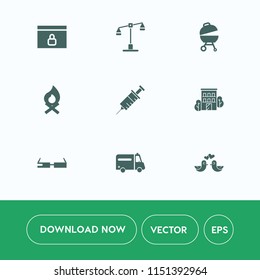 Modern, simple vector icon set on white background with flame, love, lock, lawyer, balance, justice, technology, dove, website, health, law, clinic, judge, food, fireplace, web, building, sign icons