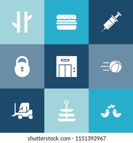 Modern, simple vector icon set on colorful blue backgrounds with security, plate, food, transport, dentistry, burger, dinner, tree, delivery, green, medical, asian, white, car, dentist, bamboo icons