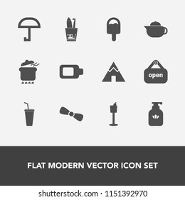 Modern, simple vector icon set with outdoor, breakfast, shop, gift, meteorology, soap, holder, healthy, teapot, toothbrush, protection, hot, hygiene, icecream, tea, drink, juice, tent, cold, bow icons