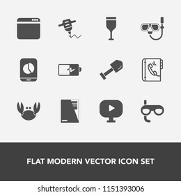 Modern, simple vector icon set with equipment, crab, energy, sign, chart, fresh, glass, phone, power, website, summer, hand, sport, tool, water, web, video, work, browser, drill, book, battery icons