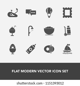 Modern, simple vector icon set with cargo, pan, clean, water, parachute, ice, white, bike, hygiene, empty, bowl, holiday, extreme, brush, bathroom, delivery, truck, spring, bubble, talk, picture icons