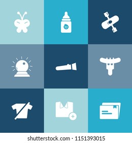 Modern, simple vector icon set on colorful blue backgrounds with document, file, water, adventure, flashlight, kid, canoeing, meat, baby, beautiful, sign, shirt, fashion, bottle, paper, hotdog icons