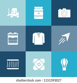 Modern, simple vector icon set on colorful blue backgrounds with kitchen, flight, paper, food, service, concept, equipment, star, plane, fly, cargo, digital, sport, transport, lens, nutrition icons