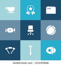 Modern, simple vector icon set on colorful blue backgrounds with ribbon, espresso, sky, armchair, victory, parachute, food, competition, drink, hot, comfortable, office, cup, mug, white, pan icons