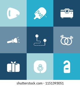 Modern, simple vector icon set on colorful blue backgrounds with cone, shine, instrument, strawberry, travel, wedding, cream, ring, map, video, projector, romance, lamp, motel, radio, sound, web icons
