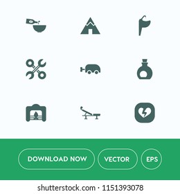 Modern, simple vector icon set on white background with wine, tent, restaurant, carriage, tourism, travel, water, seat, cuisine, industrial, warm, landscape, christmas, fireplace, bathroom, baby icons