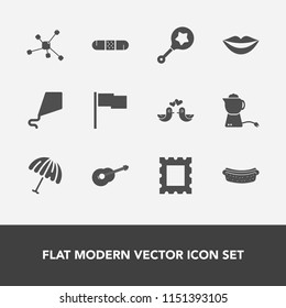 Modern, simple vector icon set with animal, rain, drink, chemistry, infant, guitar, child, atom, teapot, sign, photo, dinner, musical, hotdog, border, sky, parasol, picture, dove, molecule, fun icons