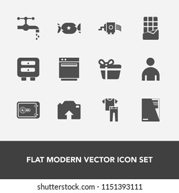 Modern, simple vector icon set with cheese, safe, document, water, stove, shirt, bar, sink, celebration, holiday, lollipop, chocolate, sign, boy, clothing, grater, paper, bathroom, male, drawer icons