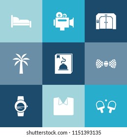 Modern, simple vector icon set on colorful blue backgrounds with bed, sign, accessory, menu, down, tie, movie, furniture, white, arrow, suit, house, handle, tennis, professional, up, building,  icons