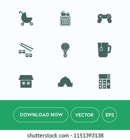 Modern, Simple Vector Icon Set On White Background With Baby, Joystick, Child, Cooking, Japan, Home, Sushi, Tea, Technology, Drink, Kid, Wheel, Parachute, Carriage, Finance, Parachuting, Jump Icons