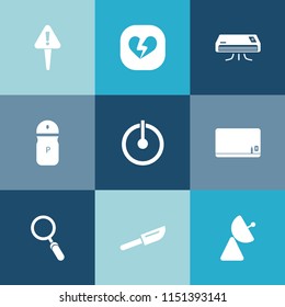 Modern, simple vector icon set on colorful blue backgrounds with temperature, exclamation, power, sign, attention, broken, air, ingredient, spice, pepper, heart, switch, restaurant, education icons