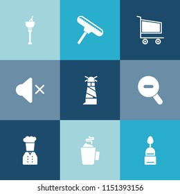 Modern, simple vector icon set on colorful blue backgrounds with sign, trolley, buy, work, beacon, tool, drink, audio, store, celebration, ocean, bucket, restaurant, sea, paint, retail, cart icons
