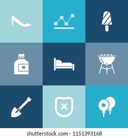 Modern, simple vector icon set on colorful blue backgrounds with barbecue, mouth, ice, birthday, grill, equipment, stats, data, bed, celebration, furniture, graph, fruit, closed, protection, bbq icons