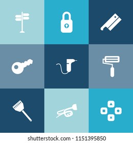 Modern, simple vector icon set on colorful blue backgrounds with medicine, direction, steel, road, equipment, axe, technology, sound, lock, trumpet, medical, paint, game, music, security, street icons