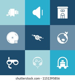 Modern, simple vector icon set on colorful blue backgrounds with italian, sign, dvd, war, building, modern, city, up, concept, scuba, gun, architecture, volume, hotel, flight, construction, food icons