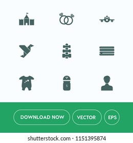 Modern, simple vector icon set on white background with gift, departure, network, spice, jewelry, fitness, love, technology, diamond, romance, pepper, cheeseburger, sandwich, baby, engagement icons