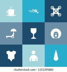 Modern, simple vector icon set on colorful blue backgrounds with control, beverage, fashion, tie, character, boy, transport, scary, chair, clothes, summer, umbrella, clown, drink, cafe, travel icons