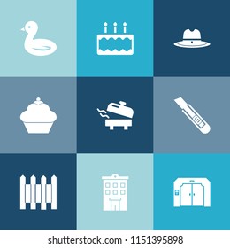 Modern, simple vector icon set on colorful blue backgrounds with american, wild, west, wildlife, animal, western, barrier, doughnut, sheriff, flight, building, white, delicious, protection, wall icons